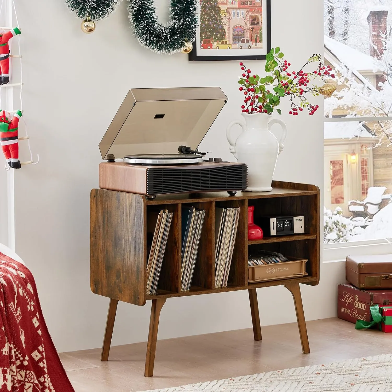 Lerliuo Record Player Stand with 4 Cabinet Holds Up to 220 Albums, Large Turntable Stand with Beech Wood Legs, Mid-Century Record Player Table,Brown Vinyl Holder Storage Shelf for Bedroom Living Room