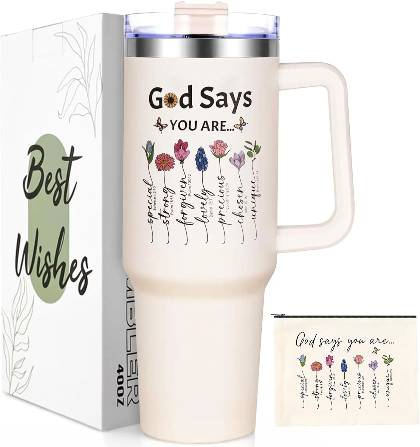 Lifecapido Christian Gift for Women - God Says You Are 40 oz Tumbler with Makeup Bag - Faith-Based Mother's Day, Birthday, Religious Gift for Mom, Sister, BFF (Cream)
