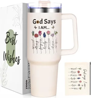 Lifecapido Christian Gifts for Women Faith, God Says I am 40 oz Tumbler with Makeup Bag, Mothers Day & Birthday Gifts for Mom, Sister, Bff (Cream)