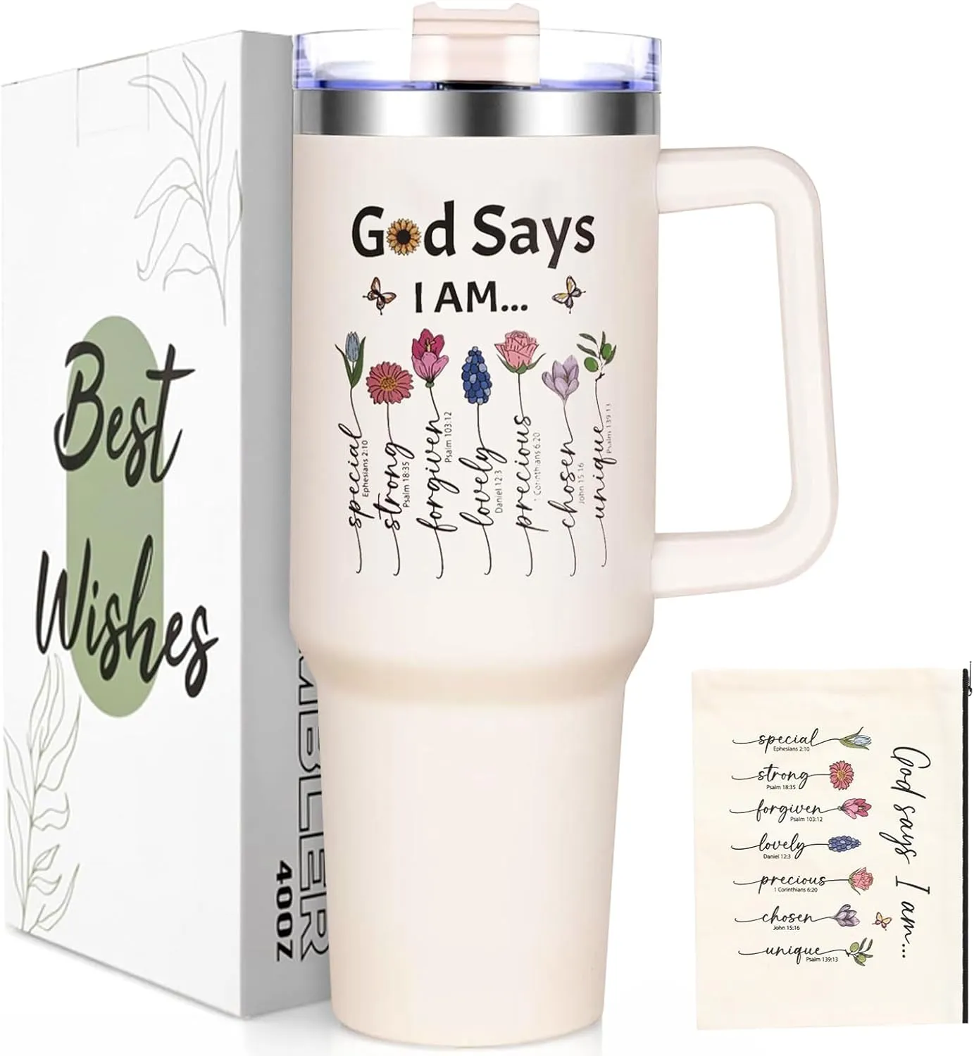 Lifecapido Christian Gifts for Women Faith, God Says I am 40 oz Tumbler with Makeup Bag, Mothers Day & Birthday Gifts for Mom, Sister, Bff (Cream)