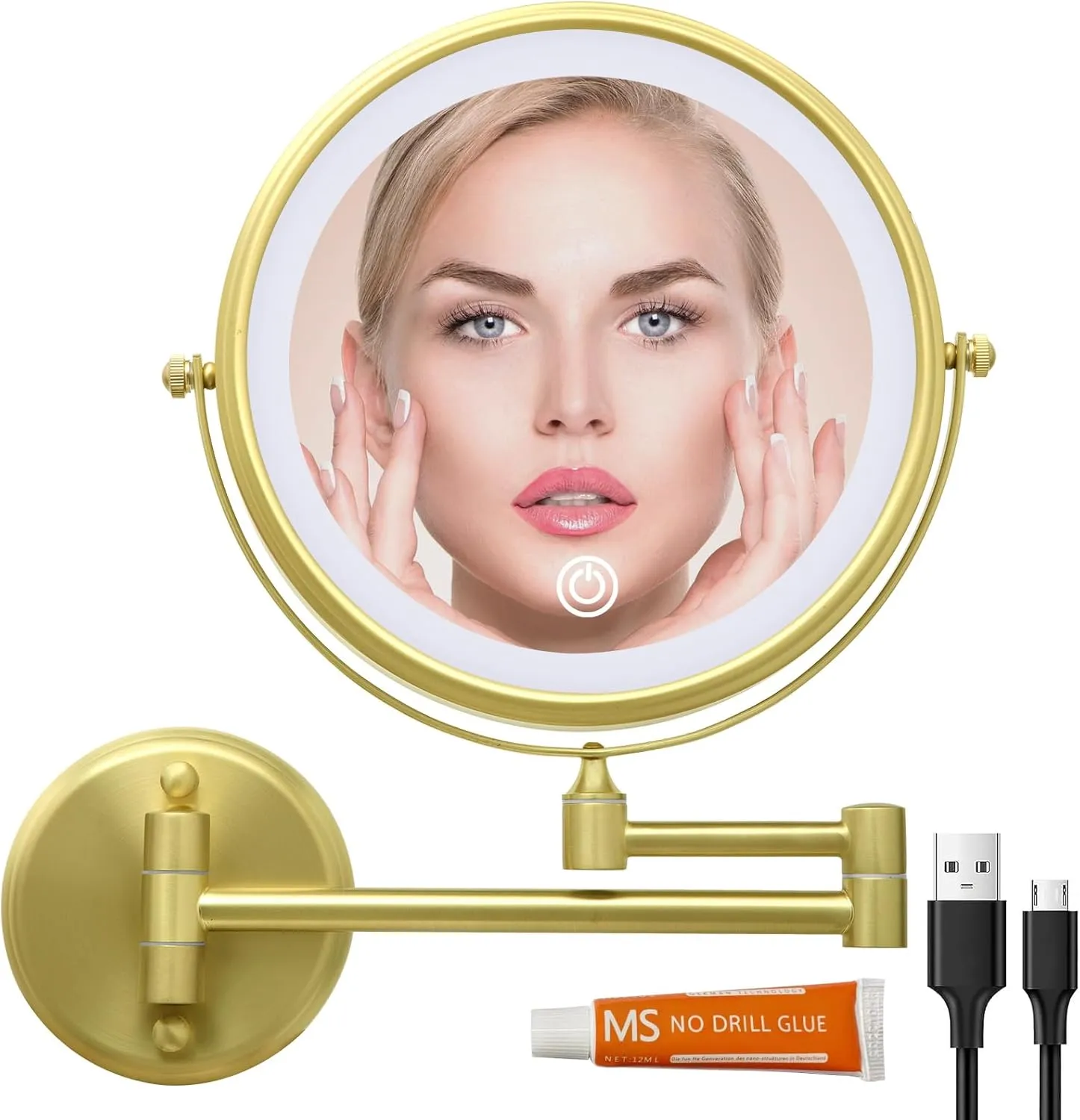 Lighted Makeup Vanity Mirror, Wall Mounted Gold, 8" Double Sided 1X 10X Magnifying, 3 Color Lighting, Touch Screen Dimming, Extended Arm 360 Rotation Brass Shaving Mirror