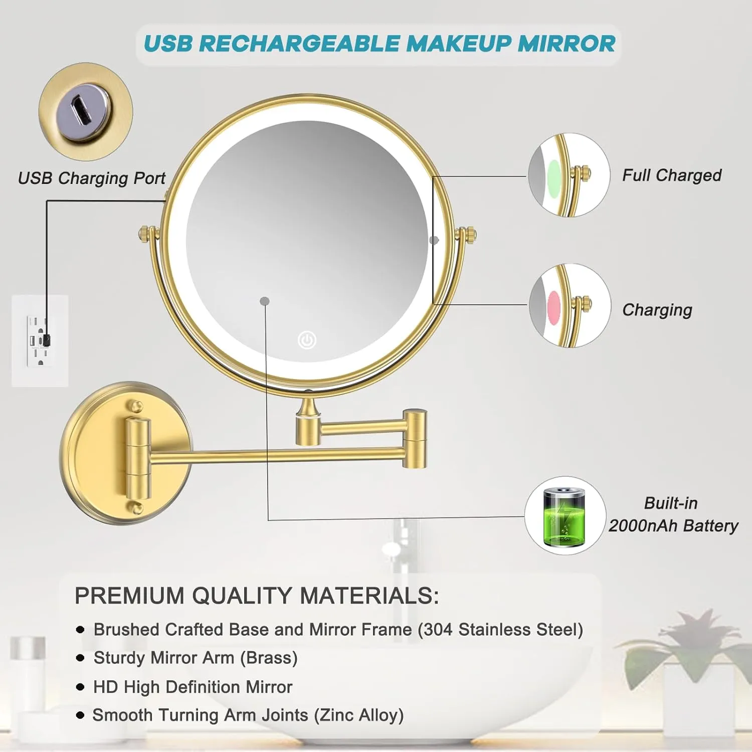 Lighted Makeup Vanity Mirror, Wall Mounted Gold, 8" Double Sided 1X 10X Magnifying, 3 Color Lighting, Touch Screen Dimming, Extended Arm 360 Rotation Brass Shaving Mirror