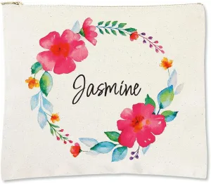 Lillian Vernon Personalized Name in Floral Wreath Zippered Large Canvas Cosmetic Pouch - 10-1/2 X 11 Inches, Sturdy Cotton Makeup Toiletry Bag
