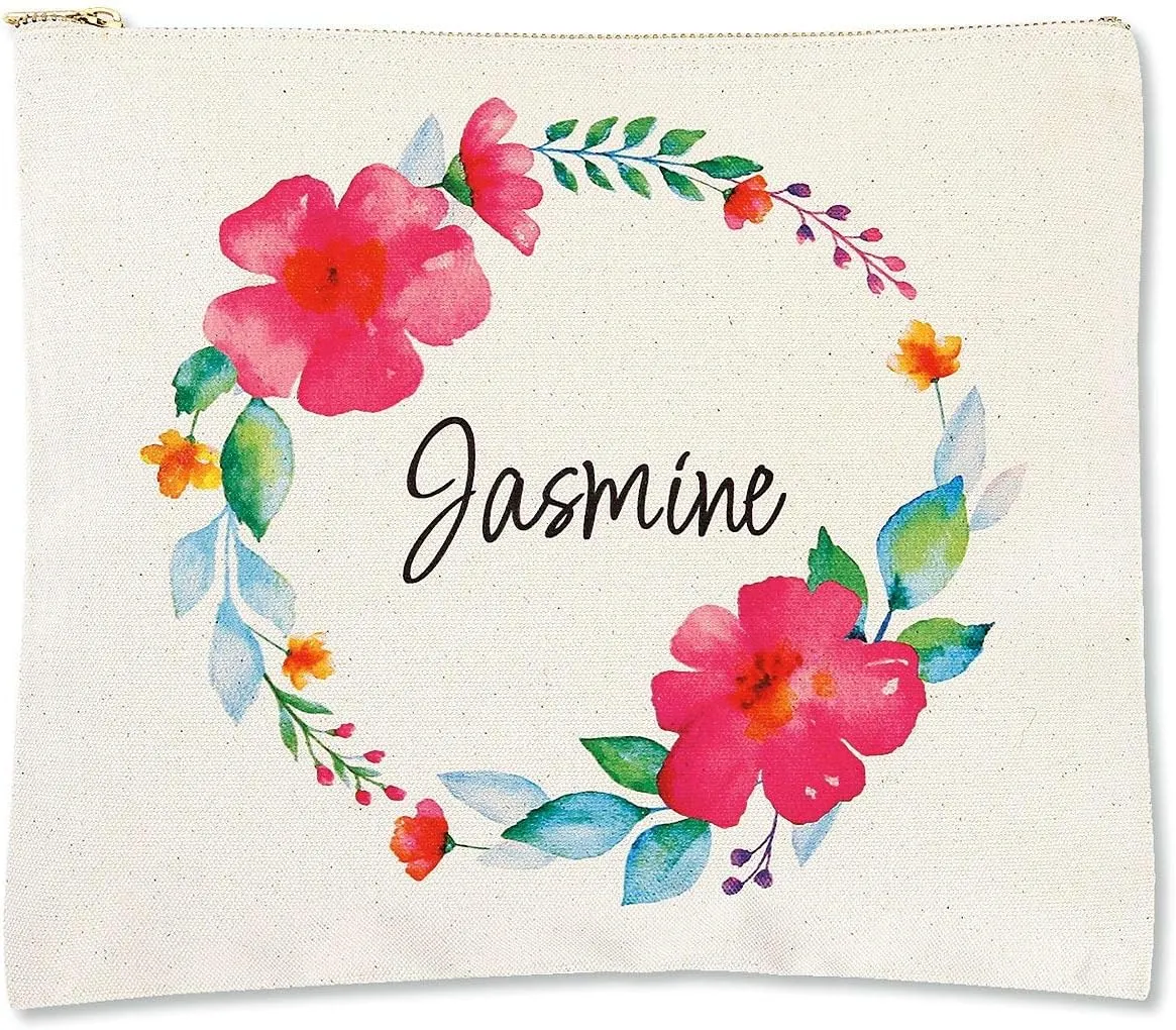 Lillian Vernon Personalized Name in Floral Wreath Zippered Large Canvas Cosmetic Pouch - 10-1/2 X 11 Inches, Sturdy Cotton Makeup Toiletry Bag