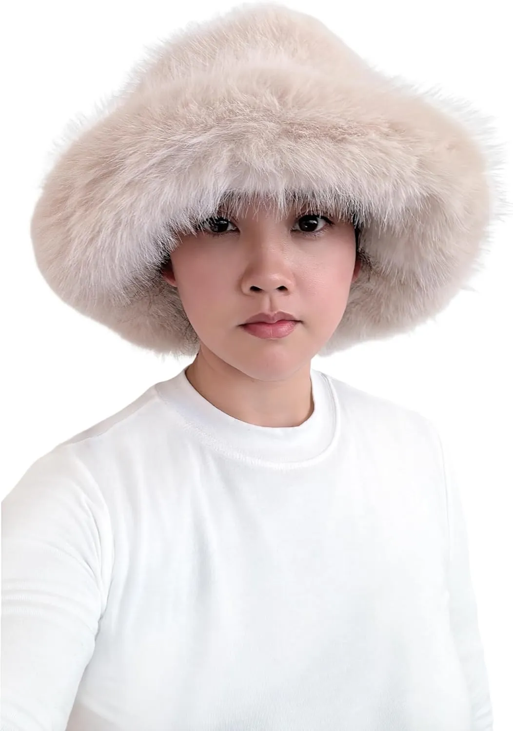 Lina & Lily Oversized Winter Faux Fur Bucket Hat for Women - Long Pile Fur Wide Moldable Brim