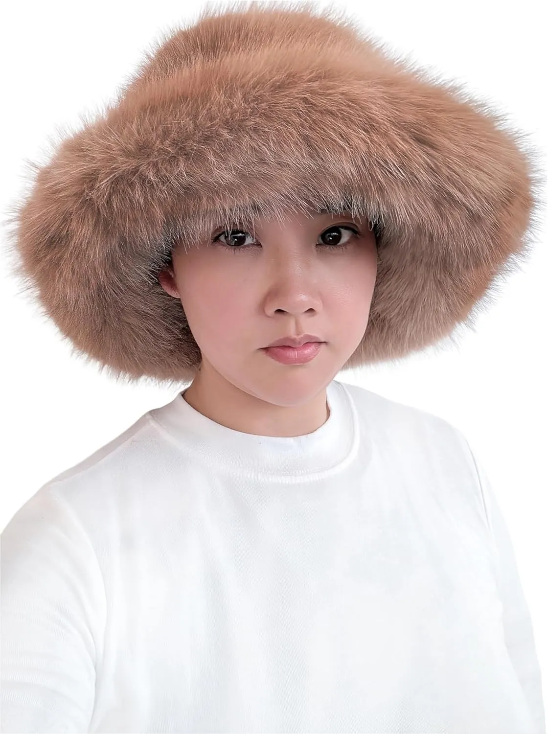 Lina & Lily Oversized Winter Faux Fur Bucket Hat for Women - Long Pile Fur Wide Moldable Brim
