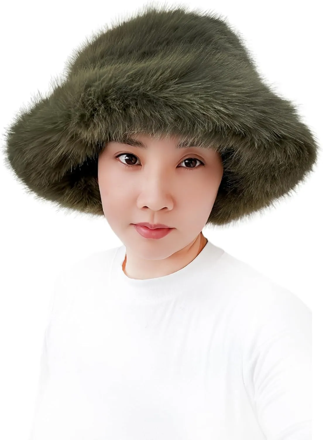 Lina & Lily Oversized Winter Faux Fur Bucket Hat for Women - Long Pile Fur Wide Moldable Brim