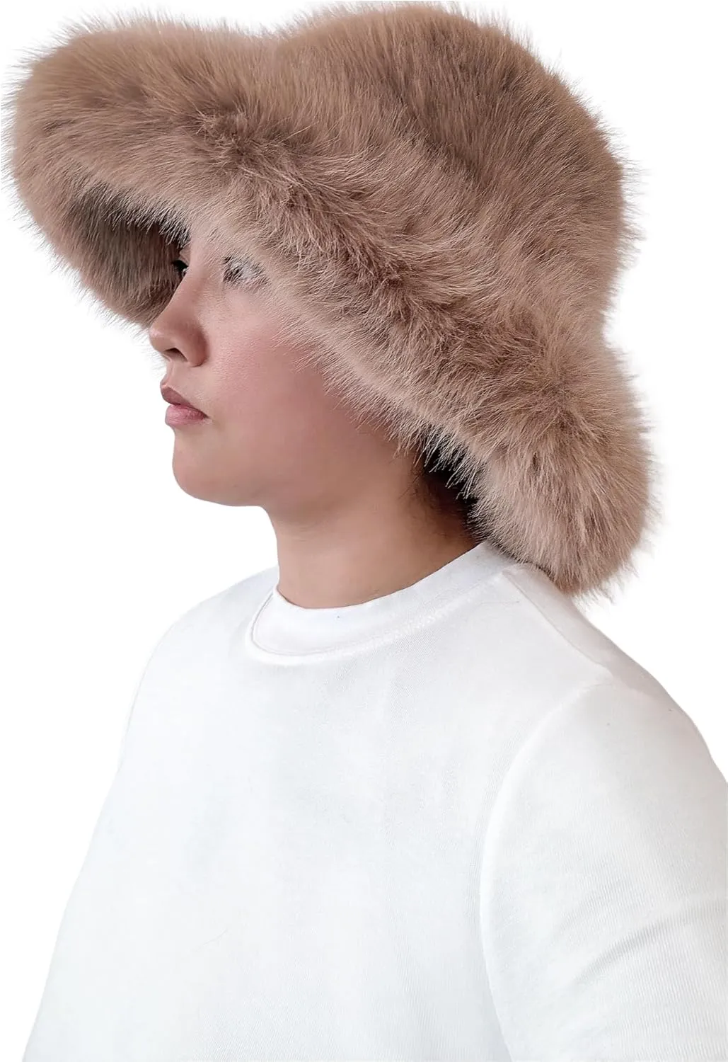 Lina & Lily Oversized Winter Faux Fur Bucket Hat for Women - Long Pile Fur Wide Moldable Brim