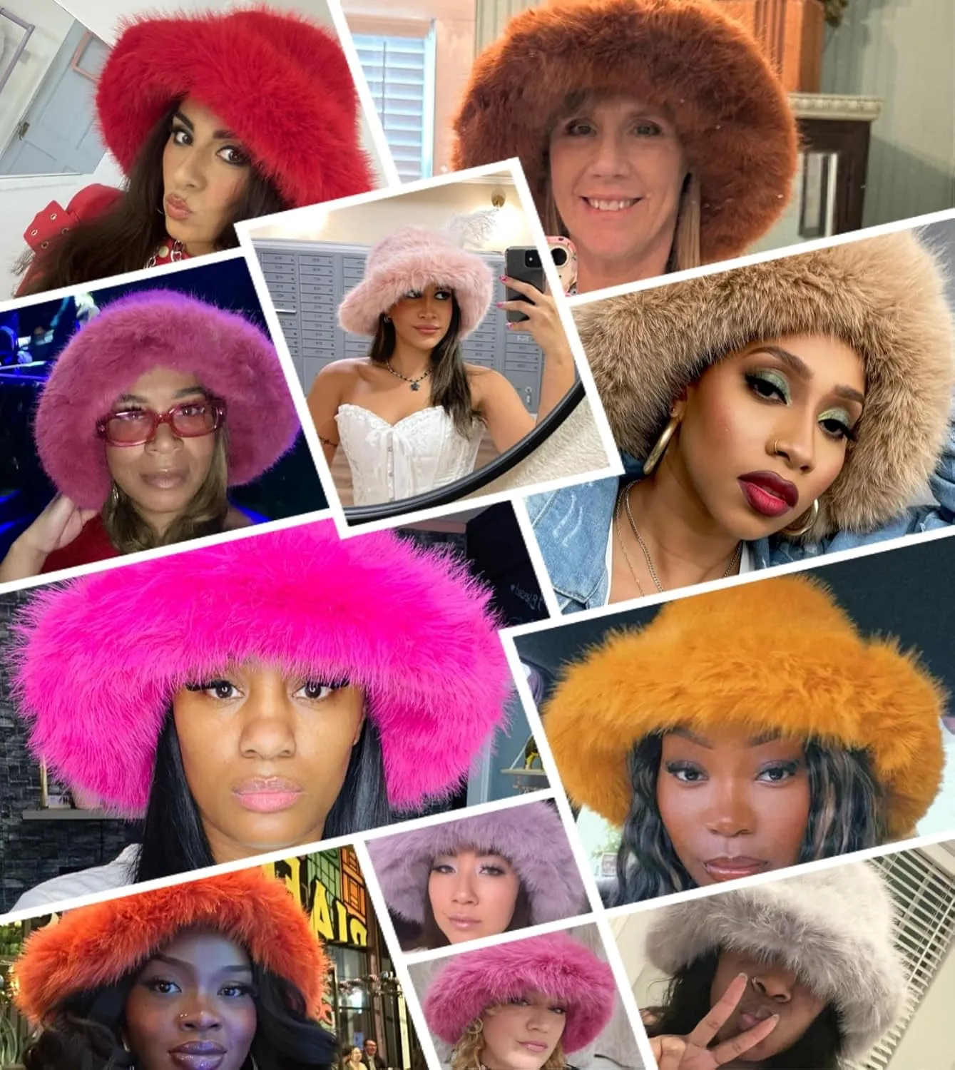 Lina & Lily Oversized Winter Faux Fur Bucket Hat for Women - Long Pile Fur Wide Moldable Brim