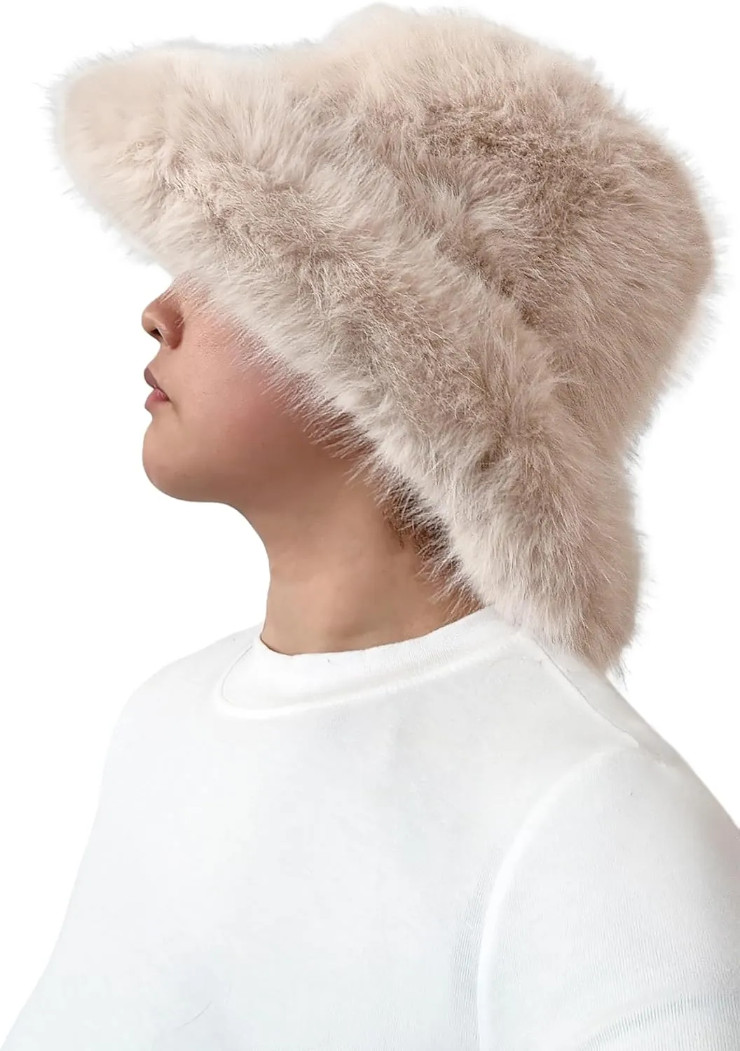 Lina & Lily Oversized Winter Faux Fur Bucket Hat for Women - Long Pile Fur Wide Moldable Brim