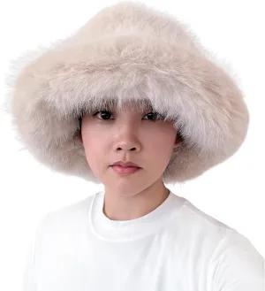 Lina & Lily Oversized Winter Faux Fur Bucket Hat for Women - Long Pile Fur Wide Moldable Brim