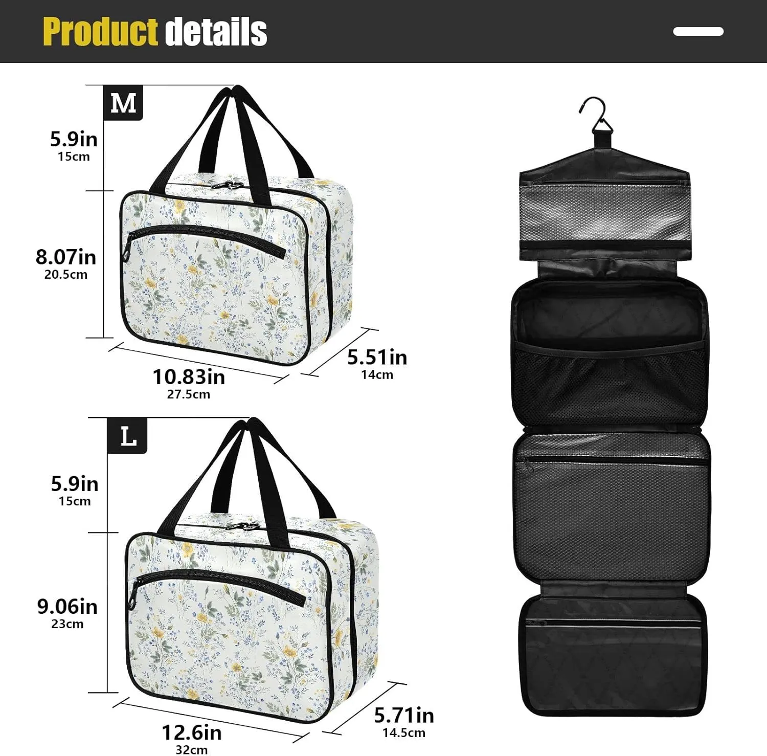 linqin Toiletry Bag for Travel, Floral Pattern Roses Makeup Bag Large Cosmetic Bag Organizer with Hanging Hook for Women Men