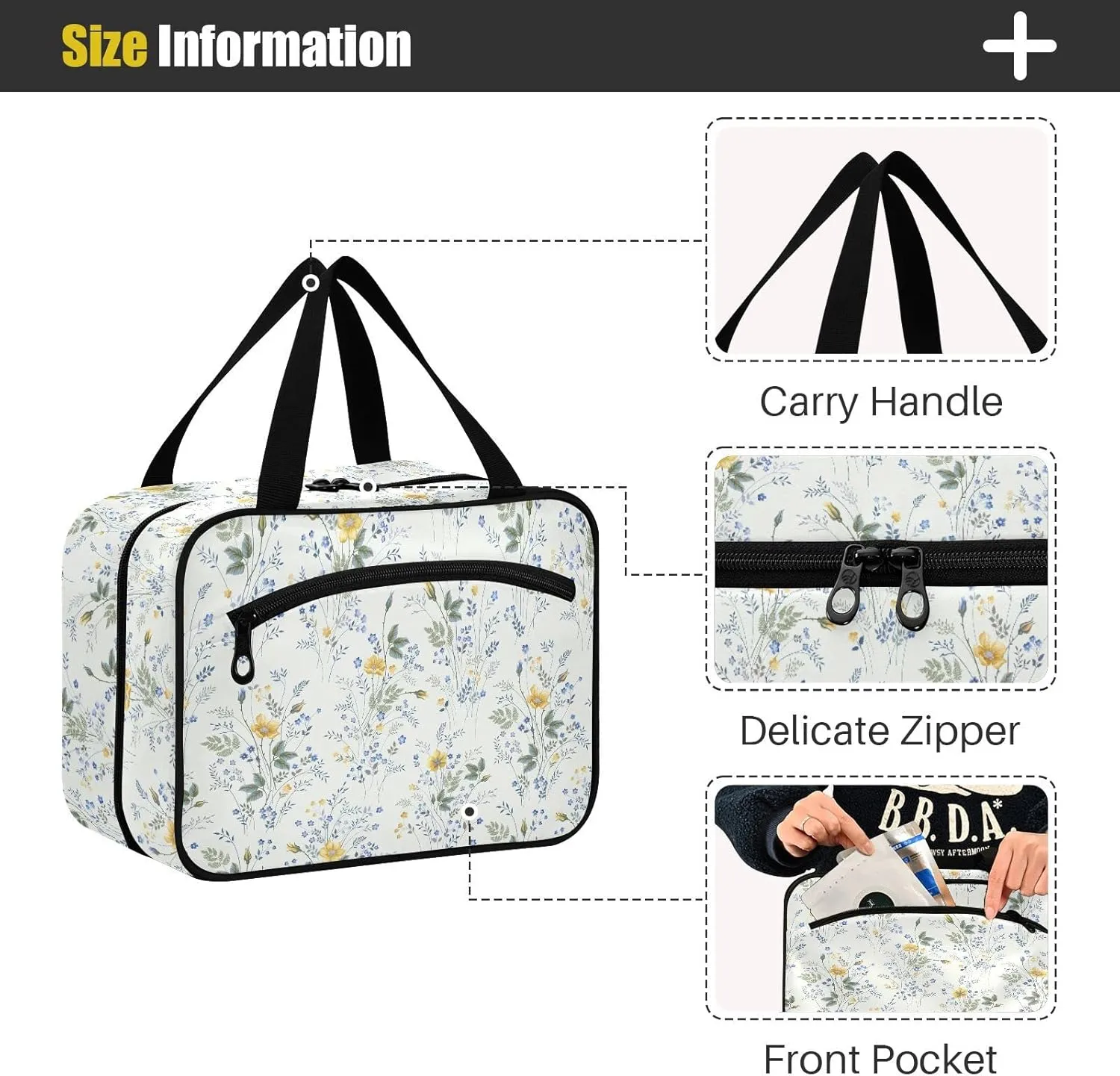 linqin Toiletry Bag for Travel, Floral Pattern Roses Makeup Bag Large Cosmetic Bag Organizer with Hanging Hook for Women Men