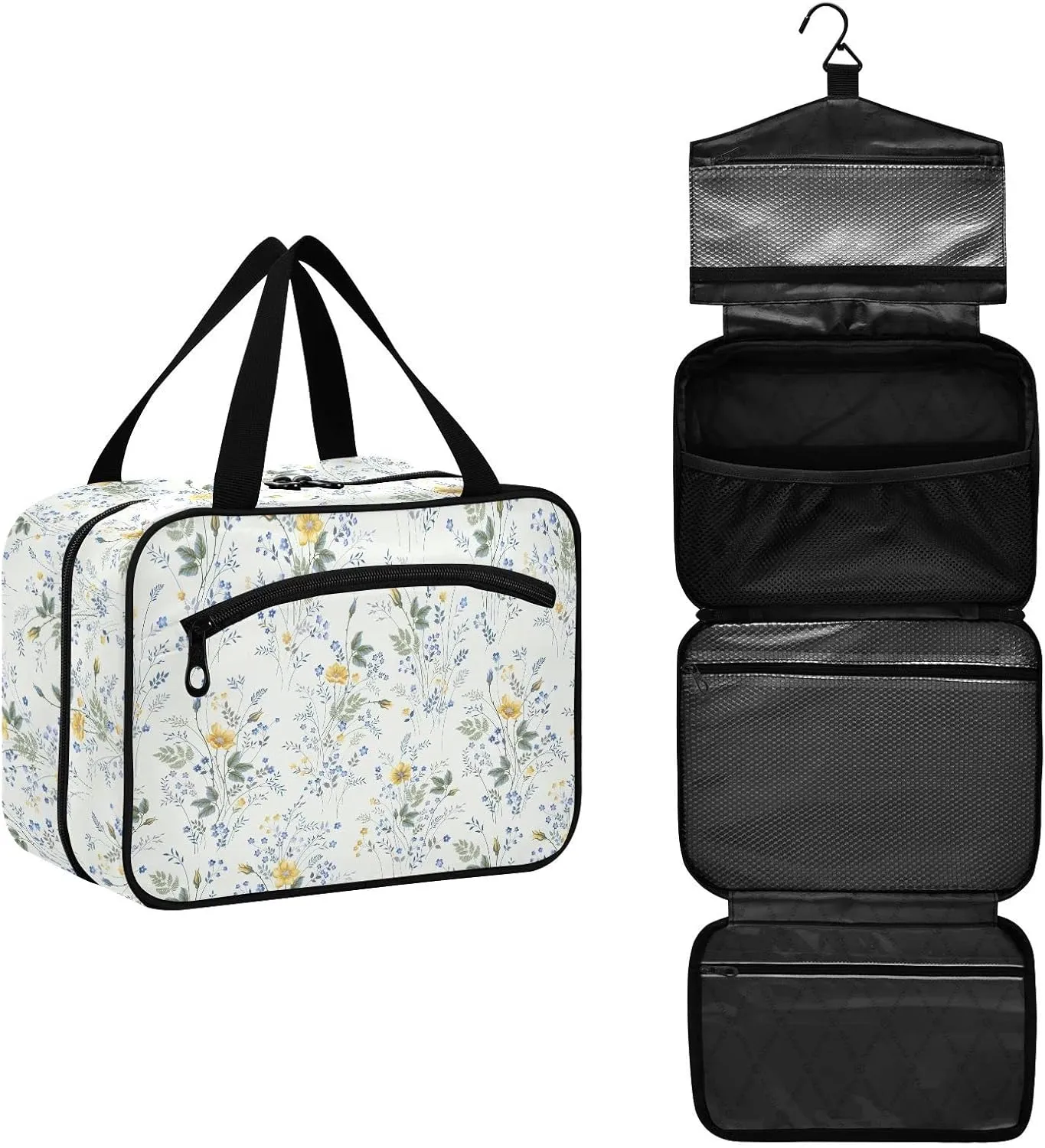 linqin Toiletry Bag for Travel, Floral Pattern Roses Makeup Bag Large Cosmetic Bag Organizer with Hanging Hook for Women Men