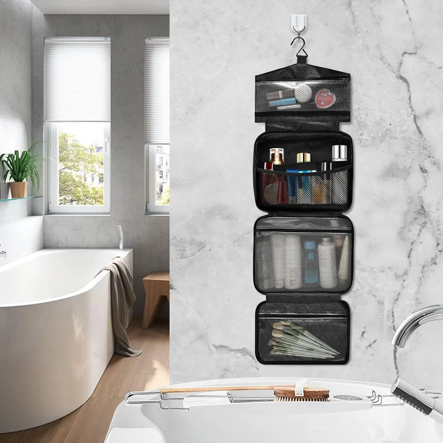 linqin Toiletry Bag for Travel, Floral Pattern Roses Makeup Bag Large Cosmetic Bag Organizer with Hanging Hook for Women Men