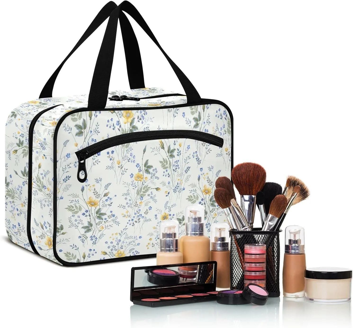 linqin Toiletry Bag for Travel, Floral Pattern Roses Makeup Bag Large Cosmetic Bag Organizer with Hanging Hook for Women Men