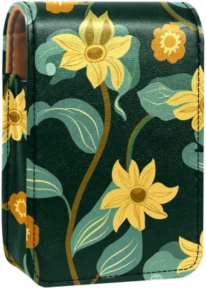 Lipstick Case,Leather Lip Gloss Lipstick Organizer with Mirror,Mini Lipstick Holder Bag,Bright Floral Yellow Flower