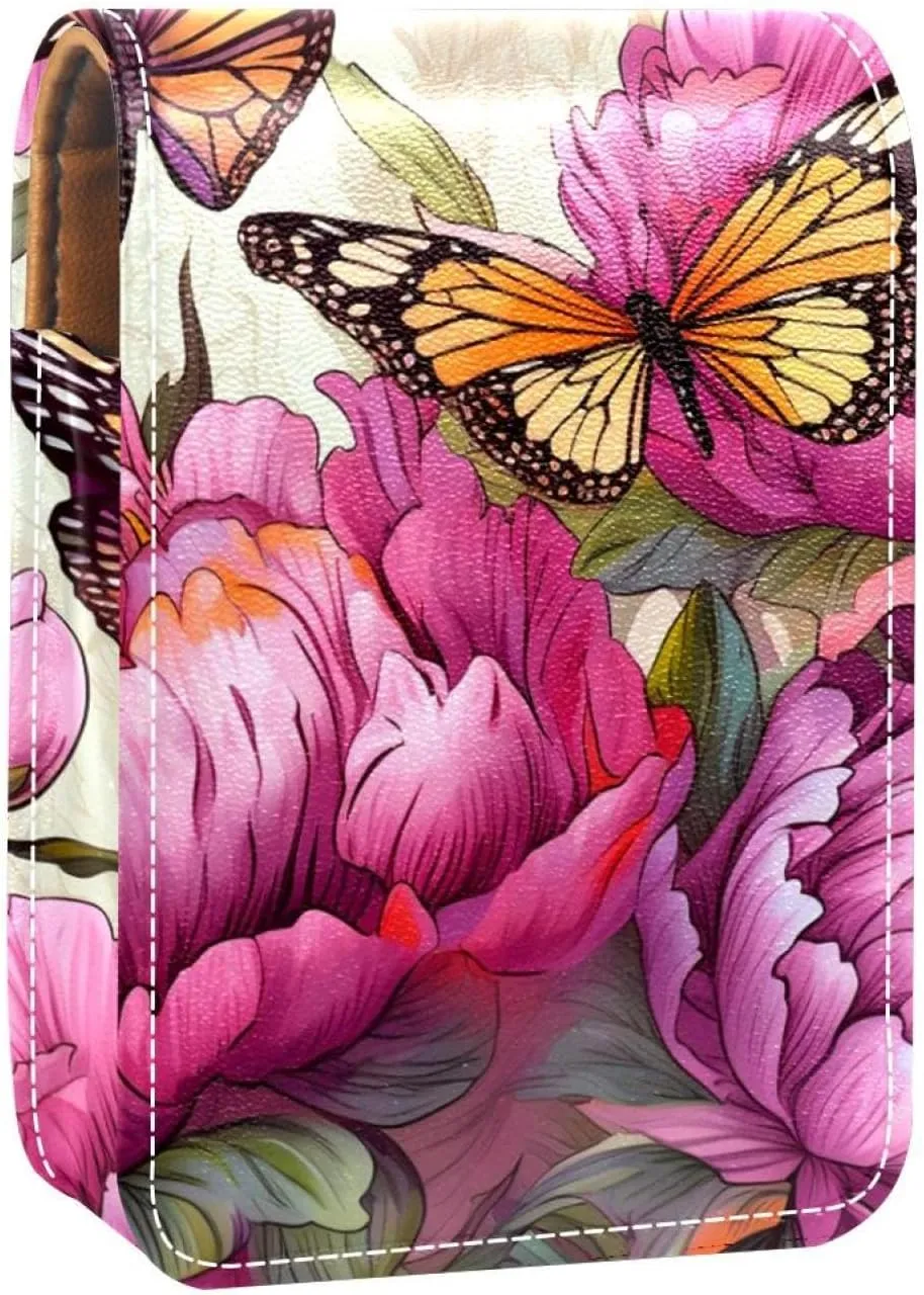 Lipstick Case,Leather Lip Gloss Lipstick Organizer with Mirror,Mini Lipstick Holder Bag,Butterflies Floral