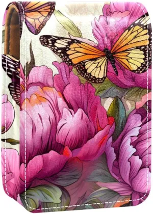 Lipstick Case,Leather Lip Gloss Lipstick Organizer with Mirror,Mini Lipstick Holder Bag,Butterflies Floral