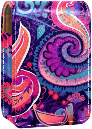 Lipstick Case,Leather Lip Gloss Lipstick Organizer with Mirror,Mini Lipstick Holder Bag,Colorful Paisley Ethnic Floral