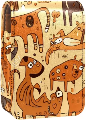 Lipstick Case,Leather Lip Gloss Lipstick Organizer with Mirror,Mini Lipstick Holder Bag,Floral Cats and Dogs