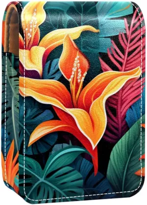 Lipstick Case,Leather Lip Gloss Lipstick Organizer with Mirror,Mini Lipstick Holder Bag,Floral Plant Tropical Jungle