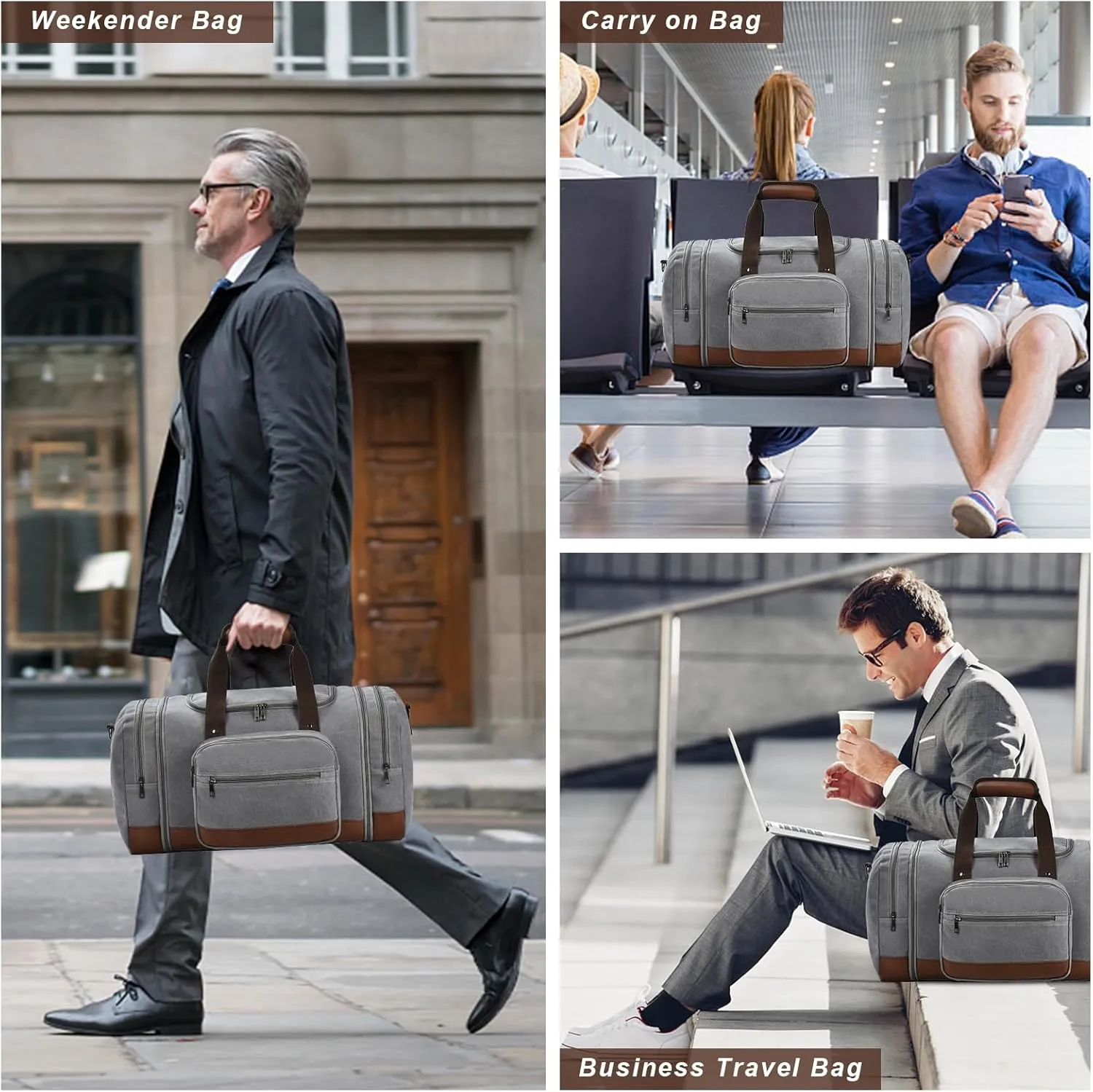 Litvyak Duffle Bag for Travel, 50L Canvas Travel Duffel Bags Overnight Weekend Gym Carry On Luggage Bag for Men & Women(Grey Toiletry Bag)