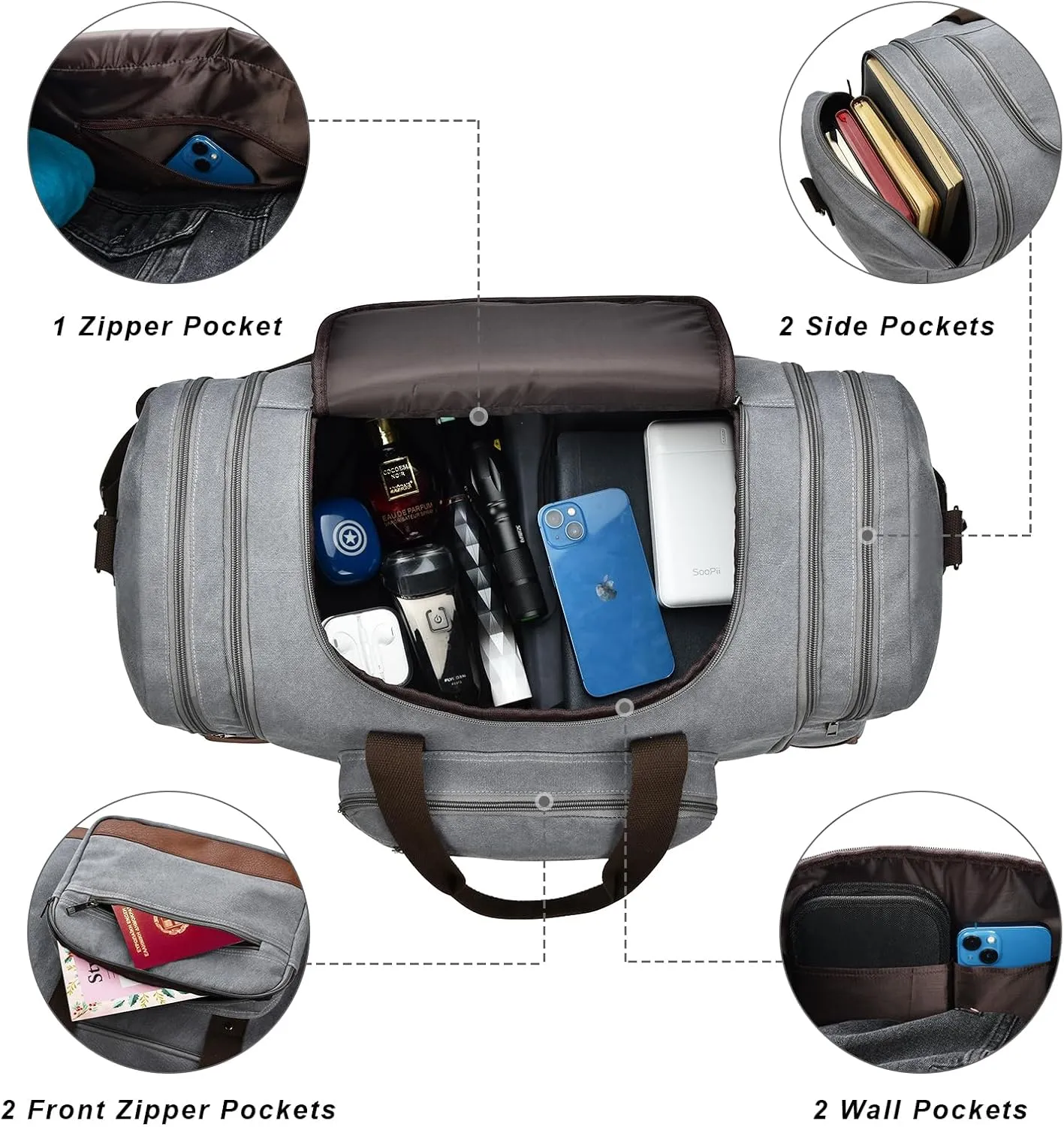 Litvyak Duffle Bag for Travel, Canvas Travel Duffel Bags Overnight Weekend Gym Carry on Luggage Bag for Men & Women (Grey)