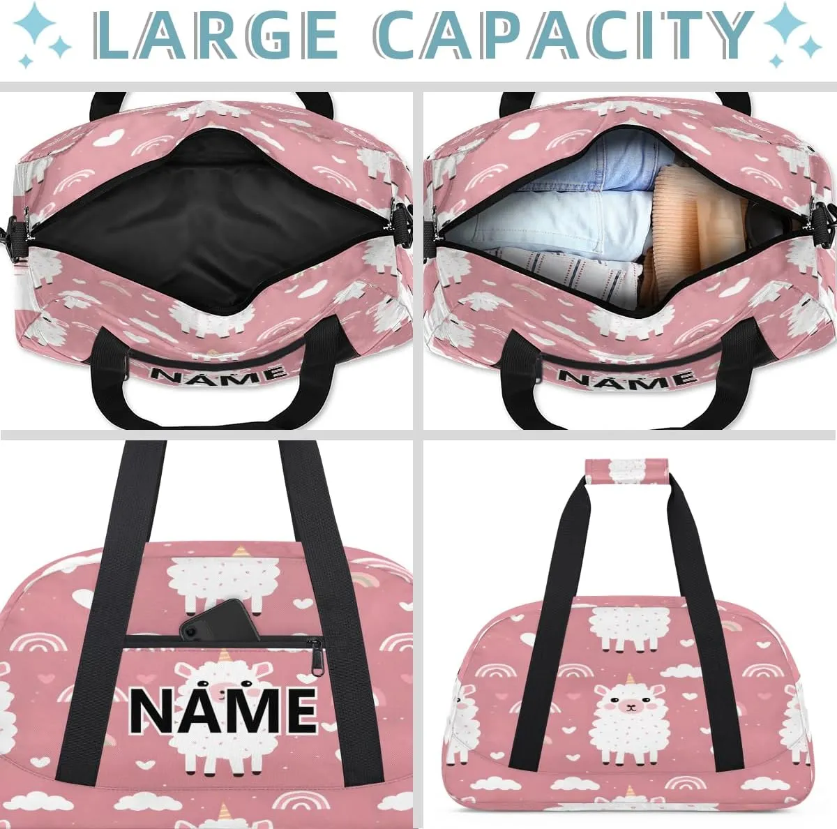 Llama Custom Small Gym Bag 18 inch for Women Men Personalized Cartoon Animal Alpaca Cute Carry On Overnight Weekender Bag for Travel Work Dance Sport