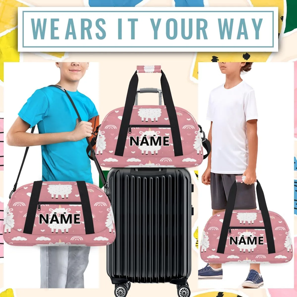 Llama Custom Small Gym Bag 18 inch for Women Men Personalized Cartoon Animal Alpaca Cute Carry On Overnight Weekender Bag for Travel Work Dance Sport