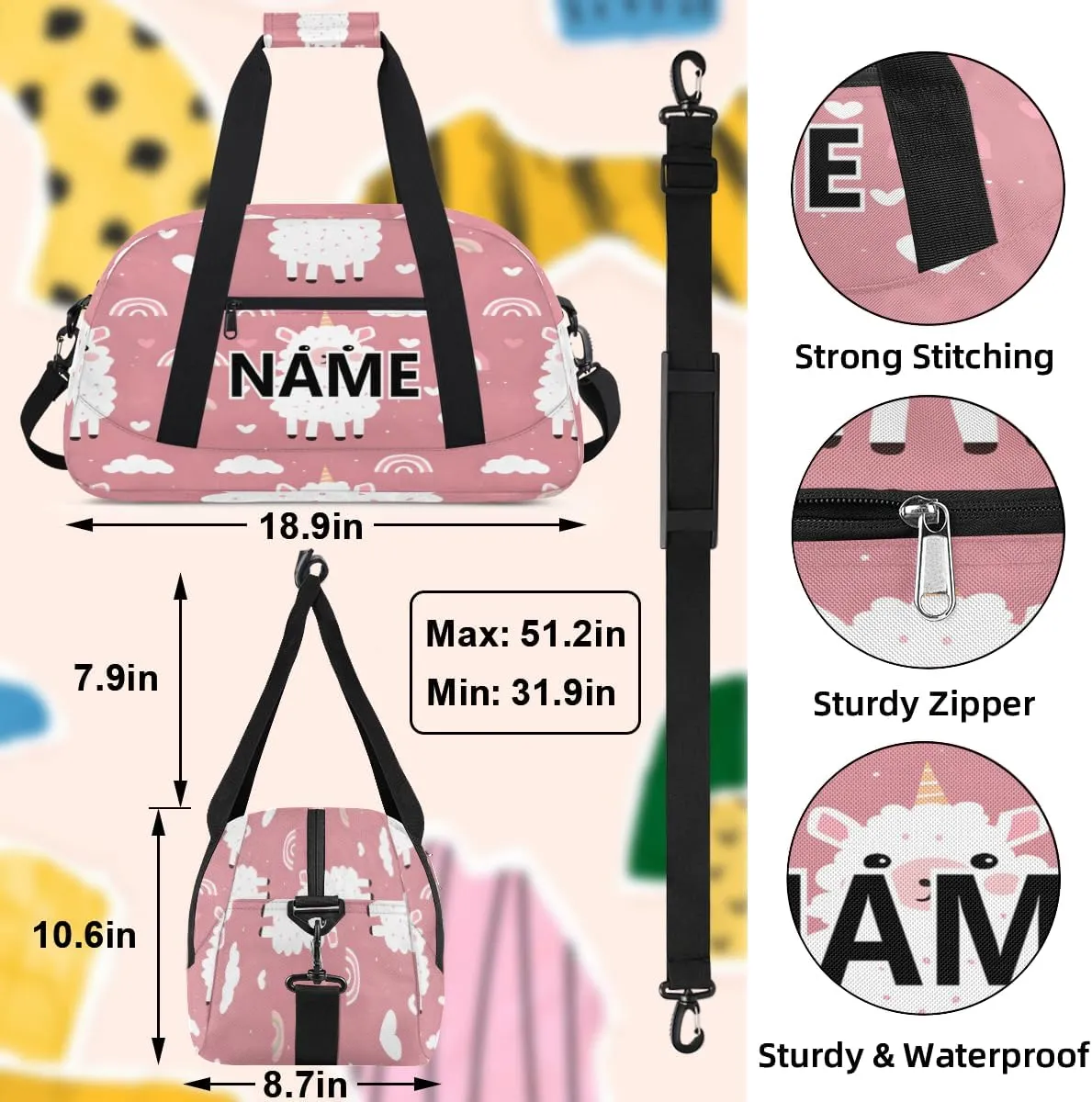 Llama Custom Small Gym Bag 18 inch for Women Men Personalized Cartoon Animal Alpaca Cute Carry On Overnight Weekender Bag for Travel Work Dance Sport