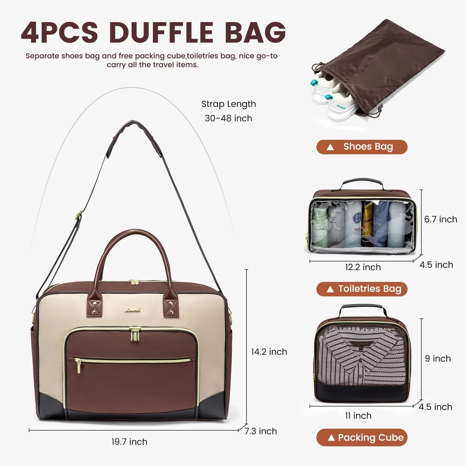 Lovevook 4-Piece Travel Set Apricot & Brown: Duffel, Shoe Bag, Toiletry Case & Packing Cube