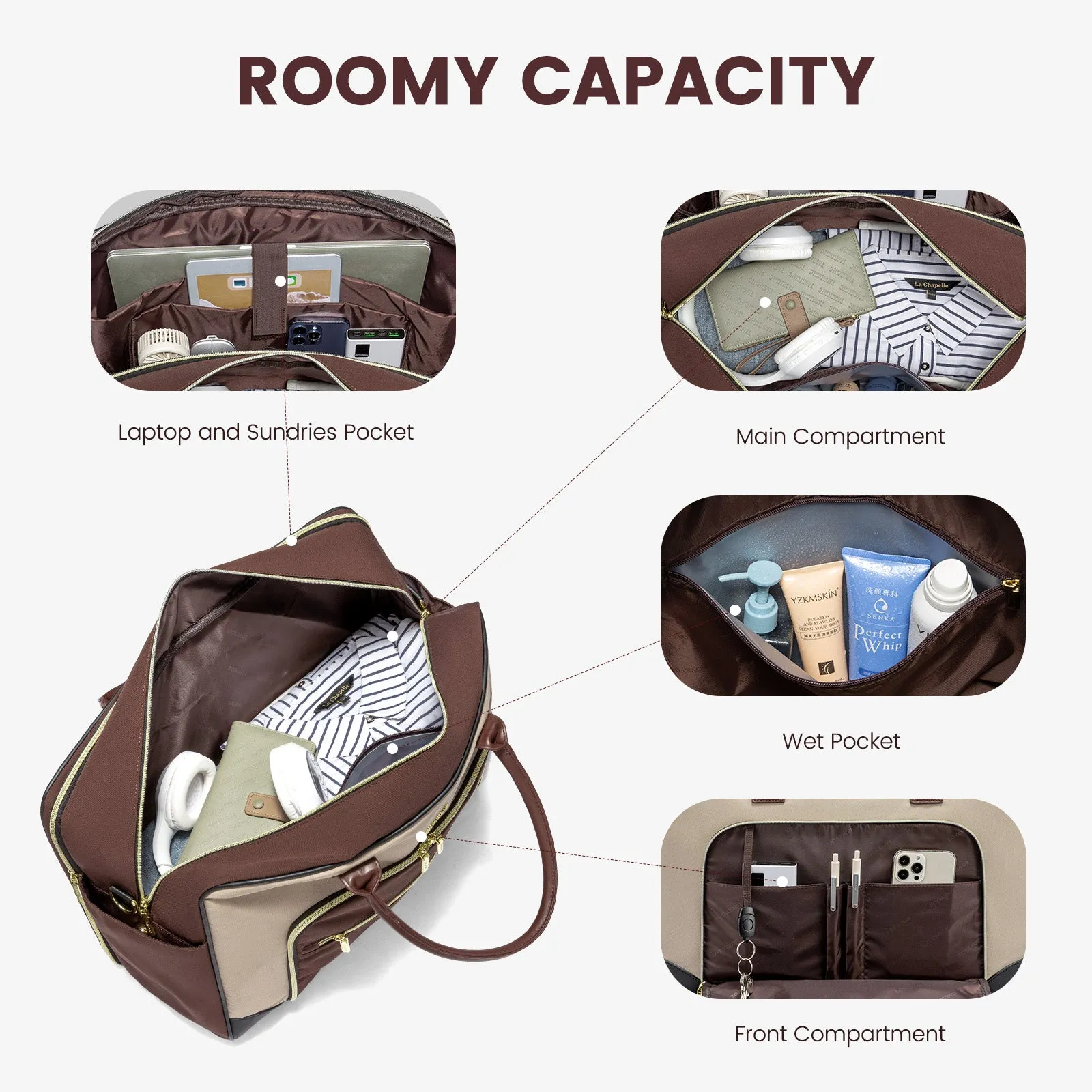 Lovevook 4-Piece Travel Set Apricot & Brown: Duffel, Shoe Bag, Toiletry Case & Packing Cube