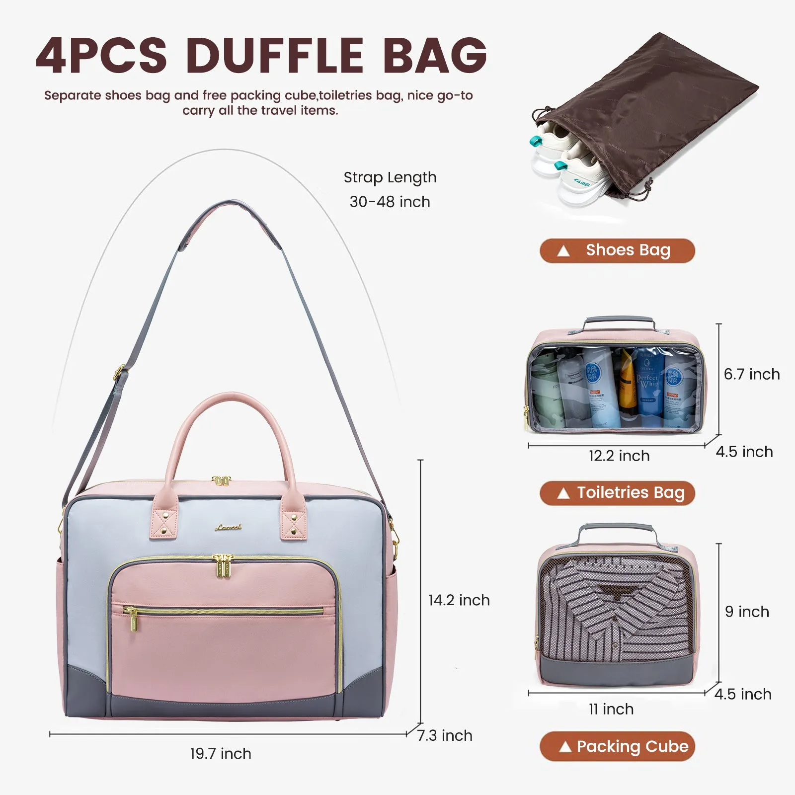 Lovevook 4-Piece Travel Set Gray & Pink: Duffel, Shoe Bag, Toiletry Case & Packing Cube