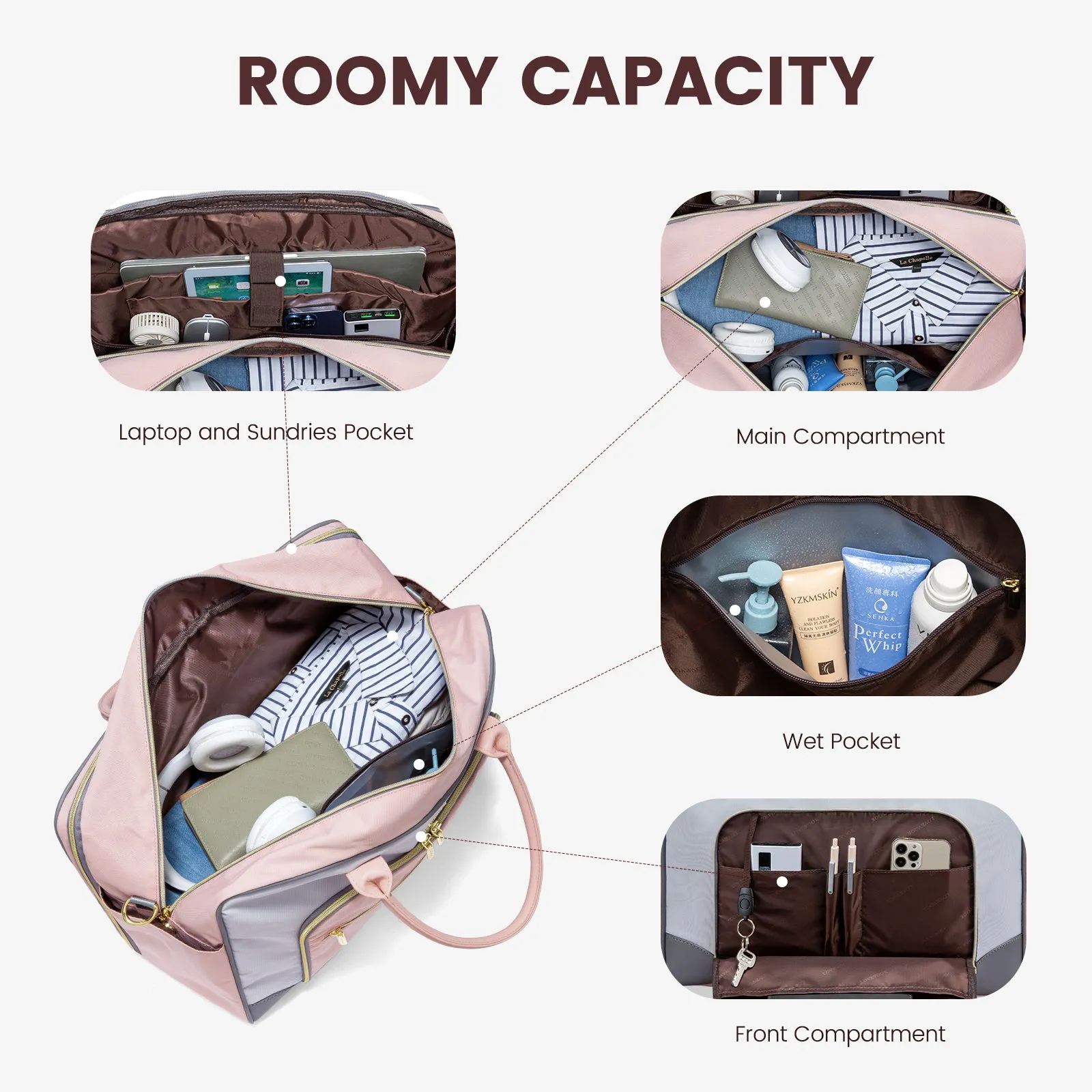 Lovevook 4-Piece Travel Set Gray & Pink: Duffel, Shoe Bag, Toiletry Case & Packing Cube