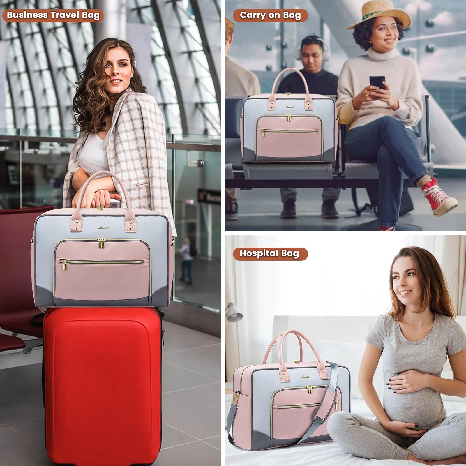 Lovevook 4-Piece Travel Set Gray & Pink: Duffel, Shoe Bag, Toiletry Case & Packing Cube