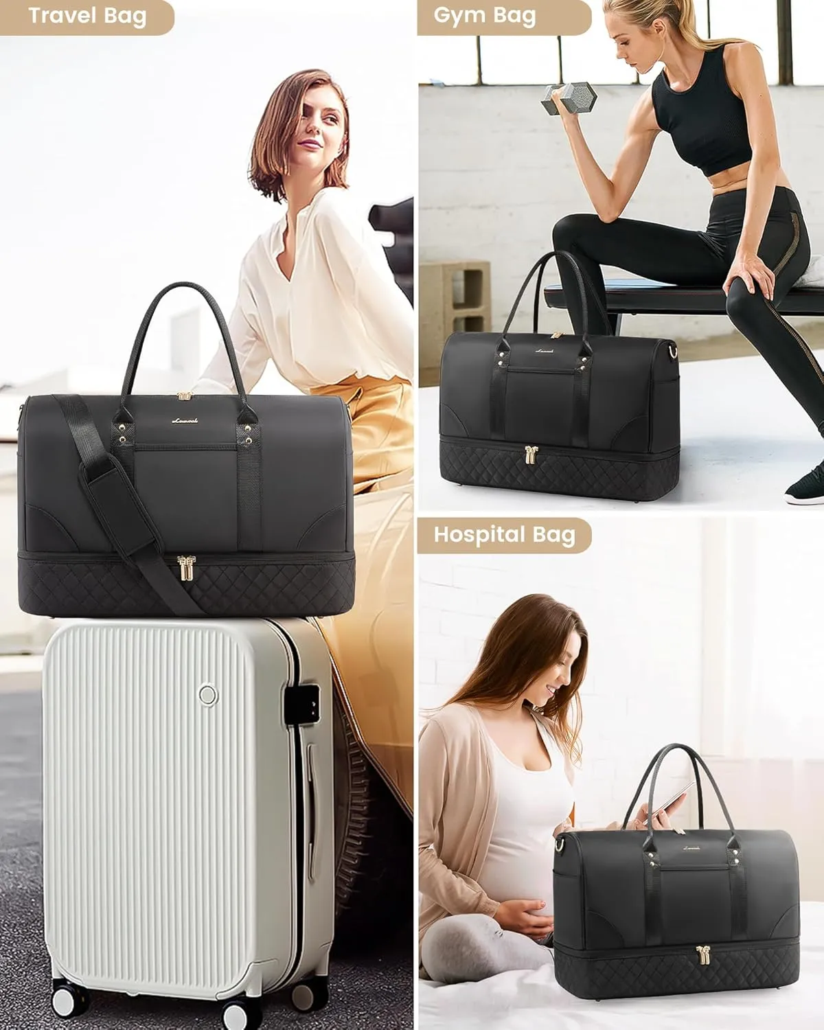 LOVEVOOK Travel Bag,Weekender Bag for Women Travel Duffle Bag with Shoe Compartment,Carry on Overnight Bag with Wet Pocket,Gym Yoga Duffel Bag,Hospital Bags for Labor and Delivery,3 Pcs Set