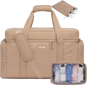 LOVEVOOK Travel Duffle Bag, Puffer Weekender Bag for Women, Overnight Bag with Toiletry Bag, Carry On Bags for Airplanes, Hospital Bag for Labor Delivery, Yoga Gym Bag with Wet Pocket, 3Pcs, Khaki
