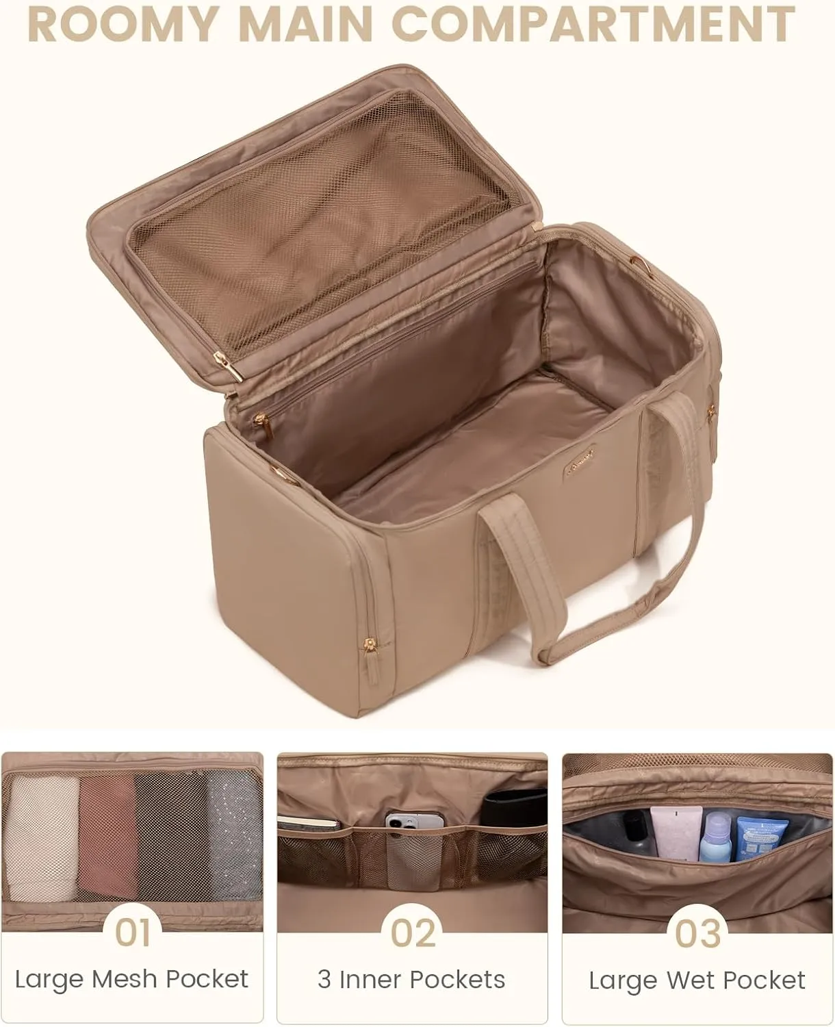 LOVEVOOK Travel Duffle Bag, Puffer Weekender Bag for Women, Overnight Bag with Toiletry Bag, Carry On Bags for Airplanes, Hospital Bag for Labor Delivery, Yoga Gym Bag with Wet Pocket, 3Pcs, Khaki