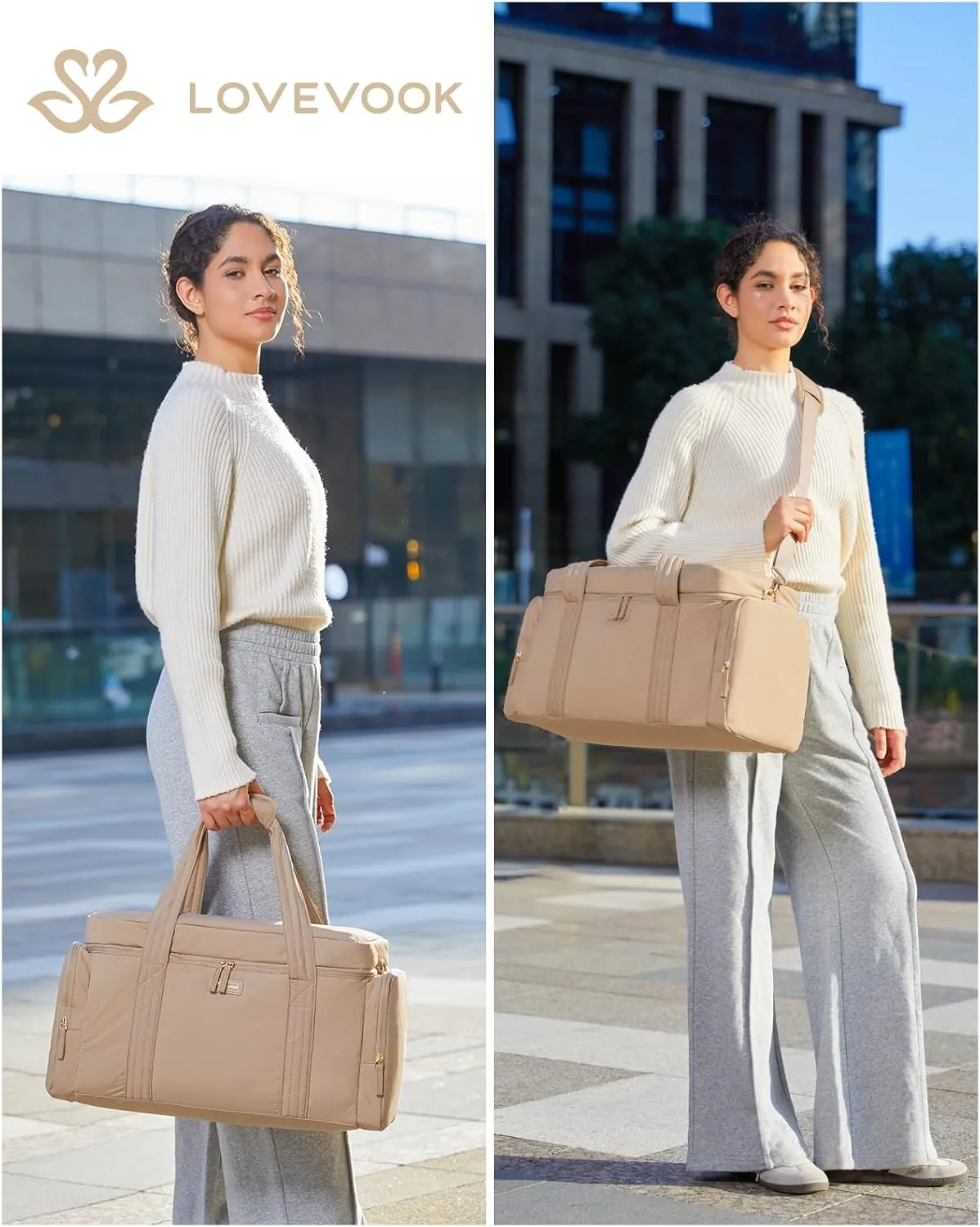 LOVEVOOK Travel Duffle Bag, Puffer Weekender Bag for Women, Overnight Bag with Toiletry Bag, Carry On Bags for Airplanes, Hospital Bag for Labor Delivery, Yoga Gym Bag with Wet Pocket, 3Pcs, Khaki