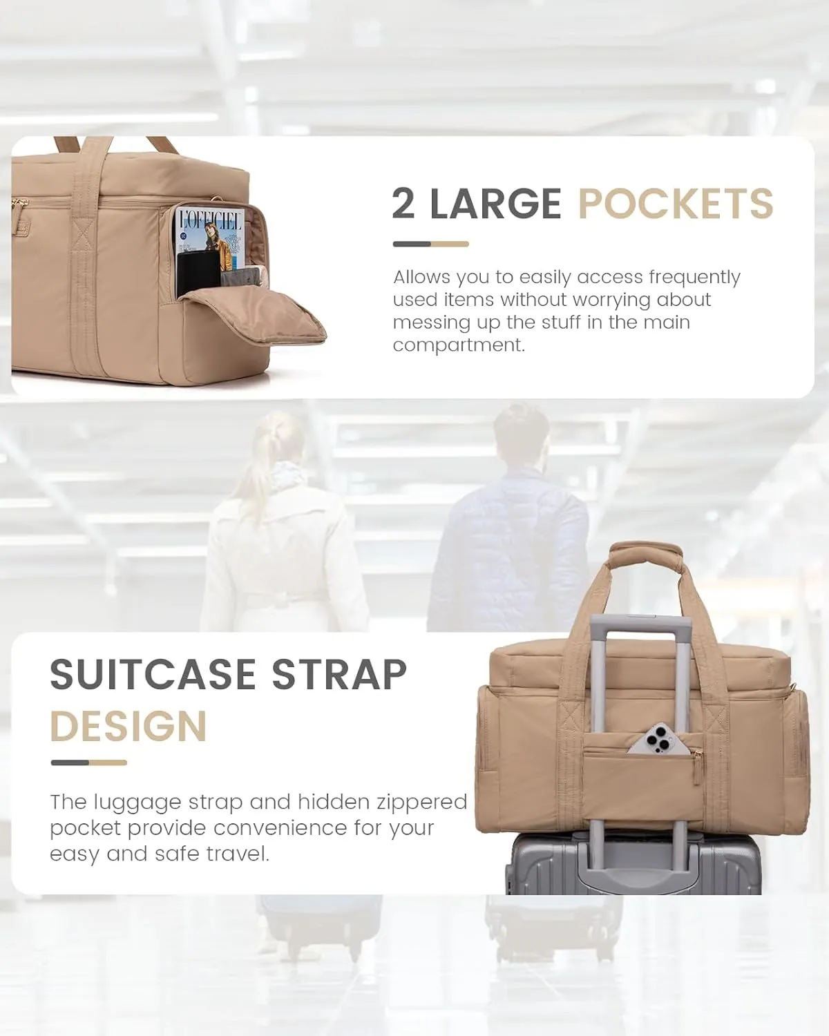 LOVEVOOK Travel Duffle Bag, Puffer Weekender Bag for Women, Overnight Bag with Toiletry Bag, Carry On Bags for Airplanes, Hospital Bag for Labor Delivery, Yoga Gym Bag with Wet Pocket, 3Pcs, Khaki