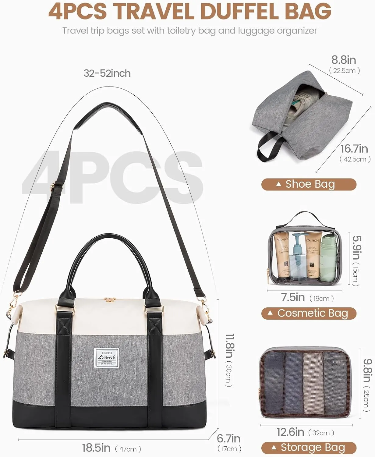 LOVEVOOK Travel Duffle Bag Women,Weekender Bag with Clear Toiletry Bag, Carry on Overnight Bag with Shoe Bag,Hospital Bags for Labor Delivery with Packing Cube