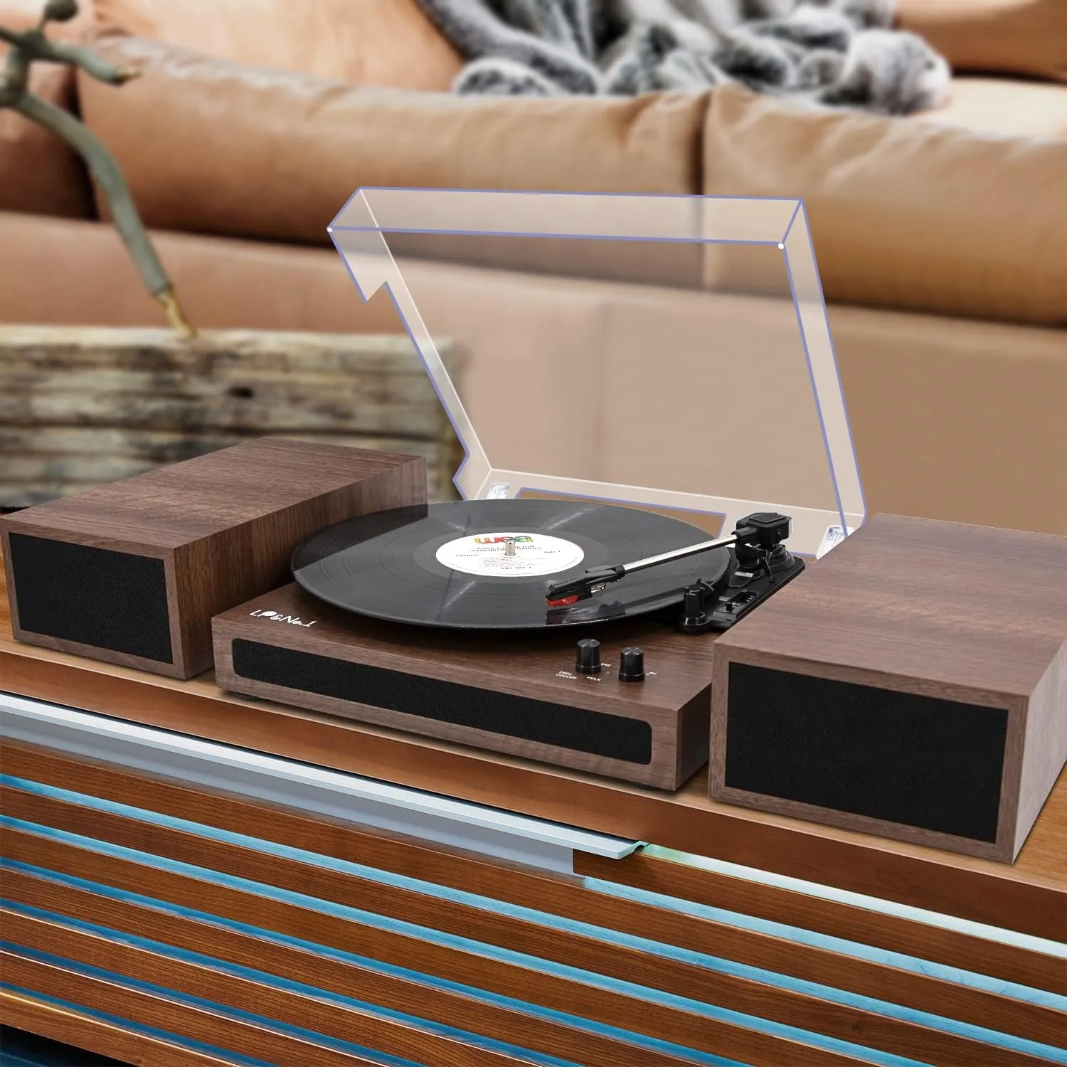 LP&No.1 Record Player, Wireless Turntable with Stereo Bookshelf Speakers,Vinyl Record Player,Support Wireless,Auto-Stop.Walnut Wood