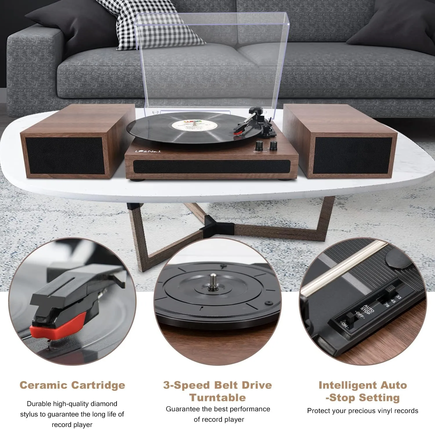 LP&No.1 Record Player, Wireless Turntable with Stereo Bookshelf Speakers,Vinyl Record Player,Support Wireless,Auto-Stop.Walnut Wood