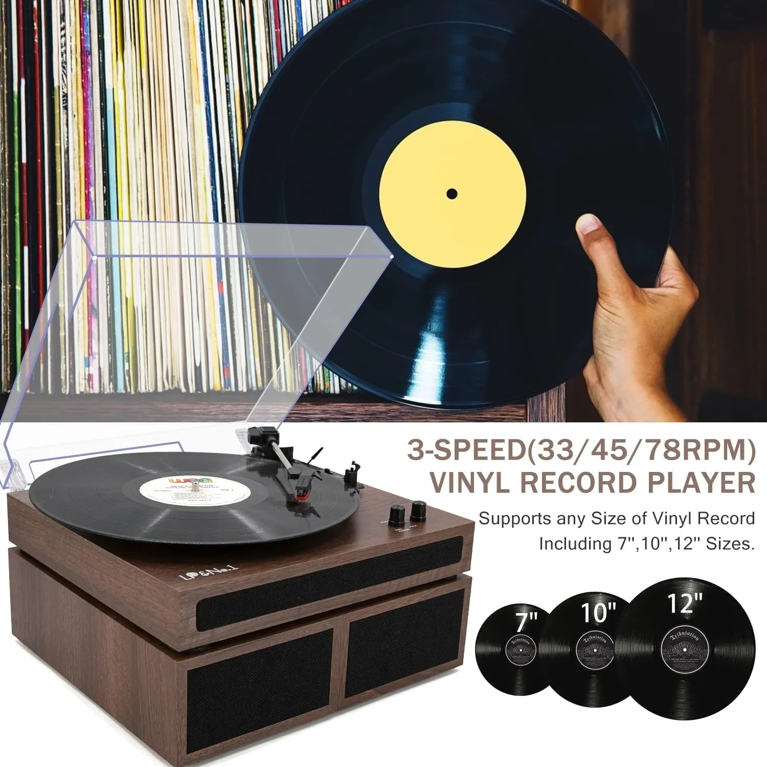 LP&No.1 Record Player, Wireless Turntable with Stereo Bookshelf Speakers,Vinyl Record Player,Support Wireless,Auto-Stop.Walnut Wood