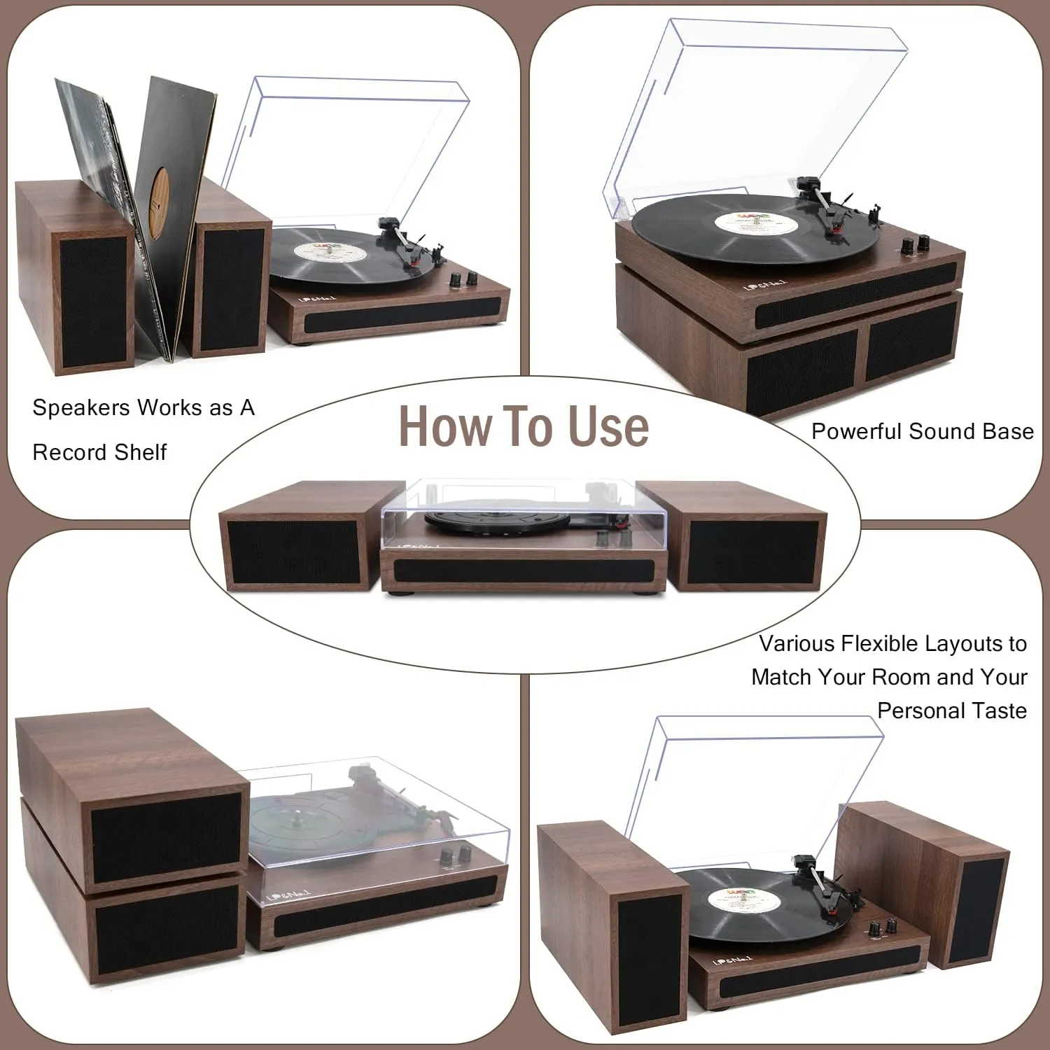 LP&No.1 Record Player, Wireless Turntable with Stereo Bookshelf Speakers,Vinyl Record Player,Support Wireless,Auto-Stop.Walnut Wood