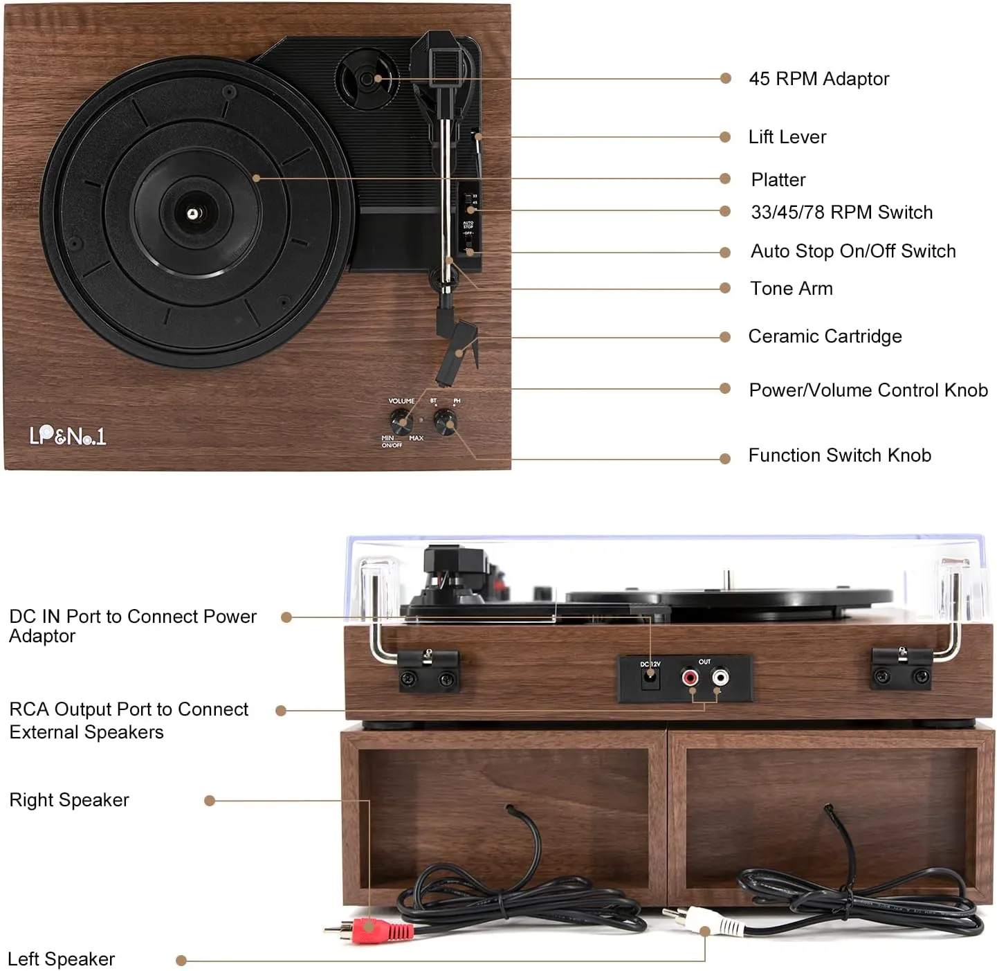 LP&No.1 Record Player, Wireless Turntable with Stereo Bookshelf Speakers,Vinyl Record Player,Support Wireless,Auto-Stop.Walnut Wood