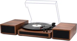 LP&No.1 Vinyl Record Player with Stereo Bookshelf Speakers, Vintage Wood Finish, 3-Speed Belt-Drive Turntable with Wireless Input Playback Mode, RCA Output, Auto Stop | Mahogany