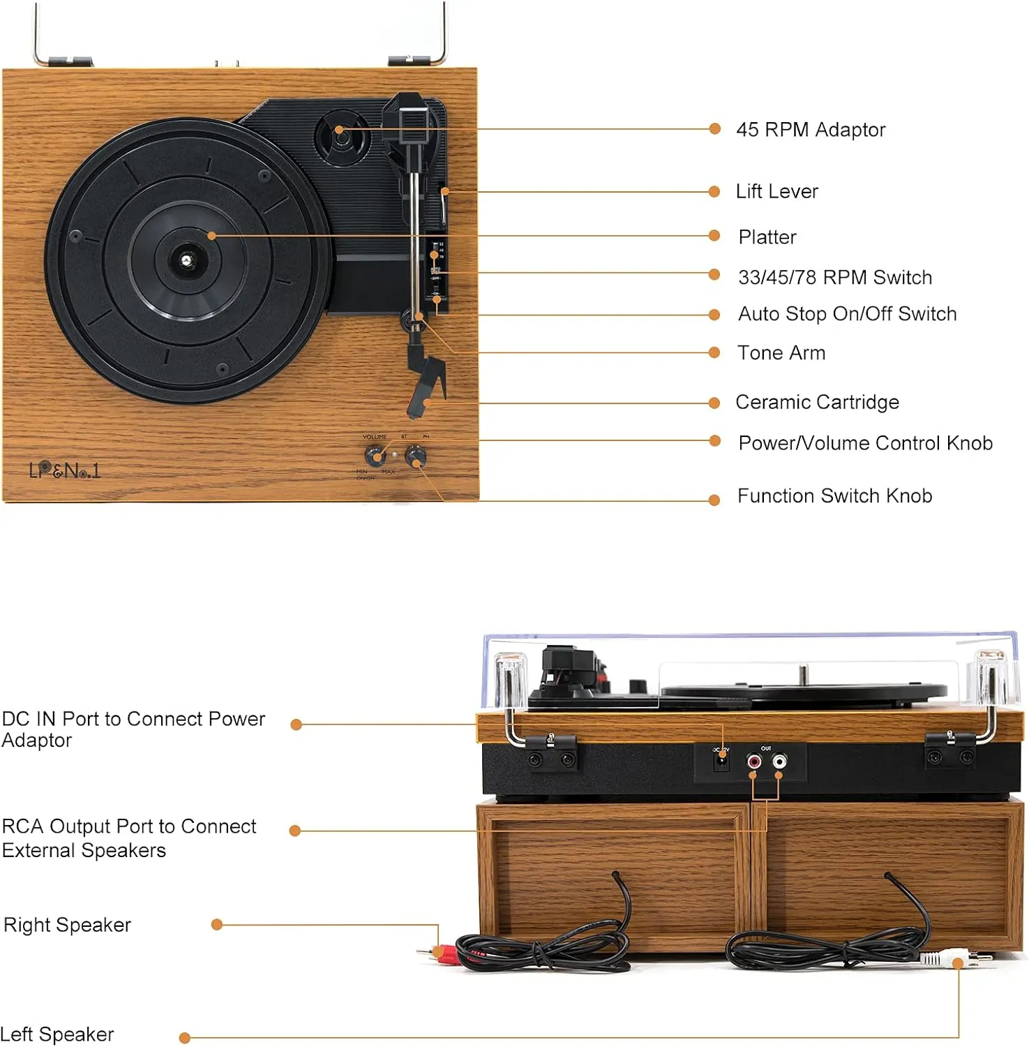 LP&No.1 Vinyl Record Players, Hi-Fi System Wireless Turntable Players with Stereo Bookshelf Speakers, Built-in Phono Preamp, Belt Drive 3-Speed,Yellow Wood