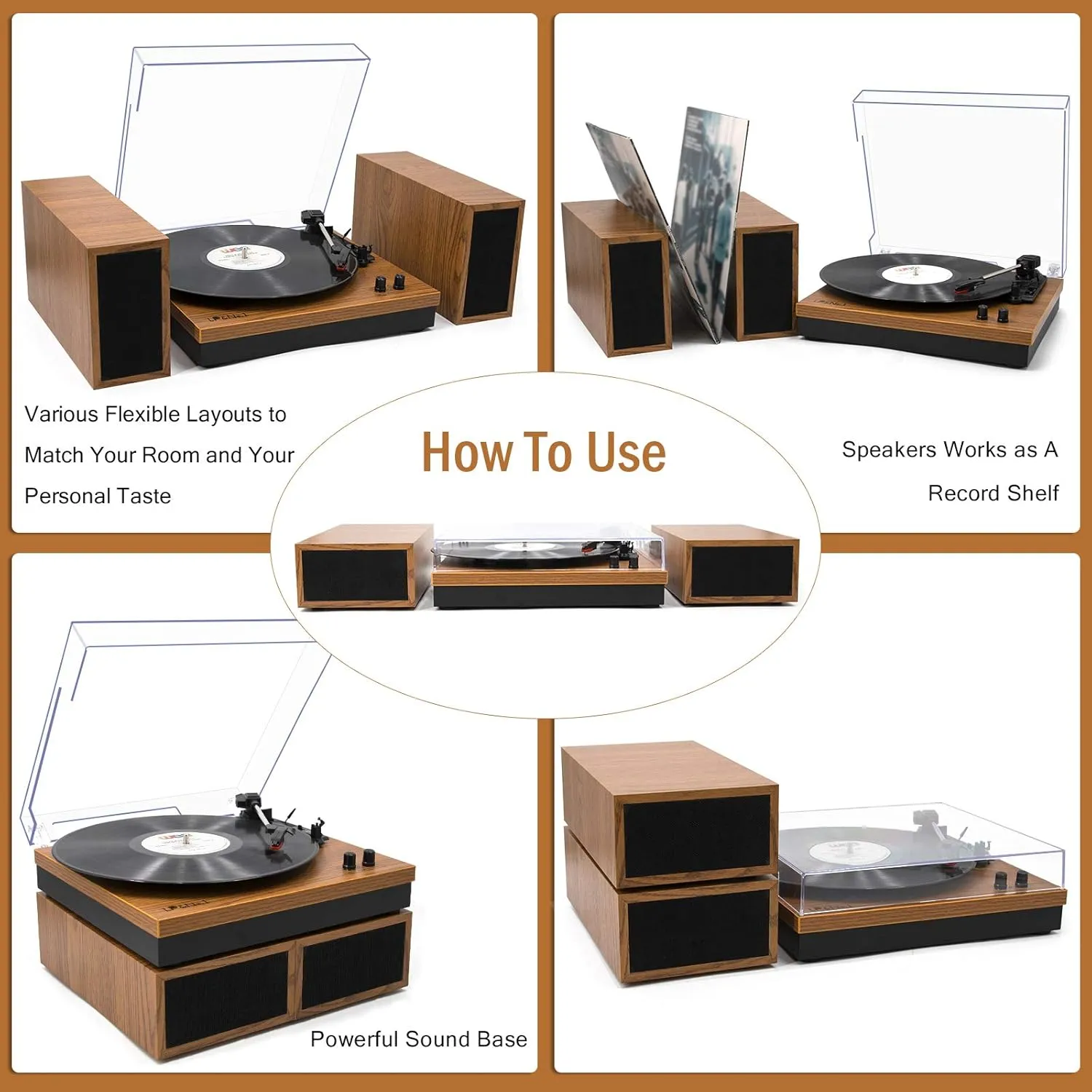 LP&No.1 Vinyl Record Players, Hi-Fi System Wireless Turntable Players with Stereo Bookshelf Speakers, Built-in Phono Preamp, Belt Drive 3-Speed,Yellow Wood